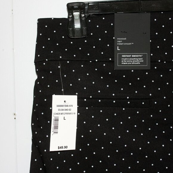 Womens Large New Capris Cropped Pants Smoothing Black White Polka Dot Stretch - Picture 5 of 7